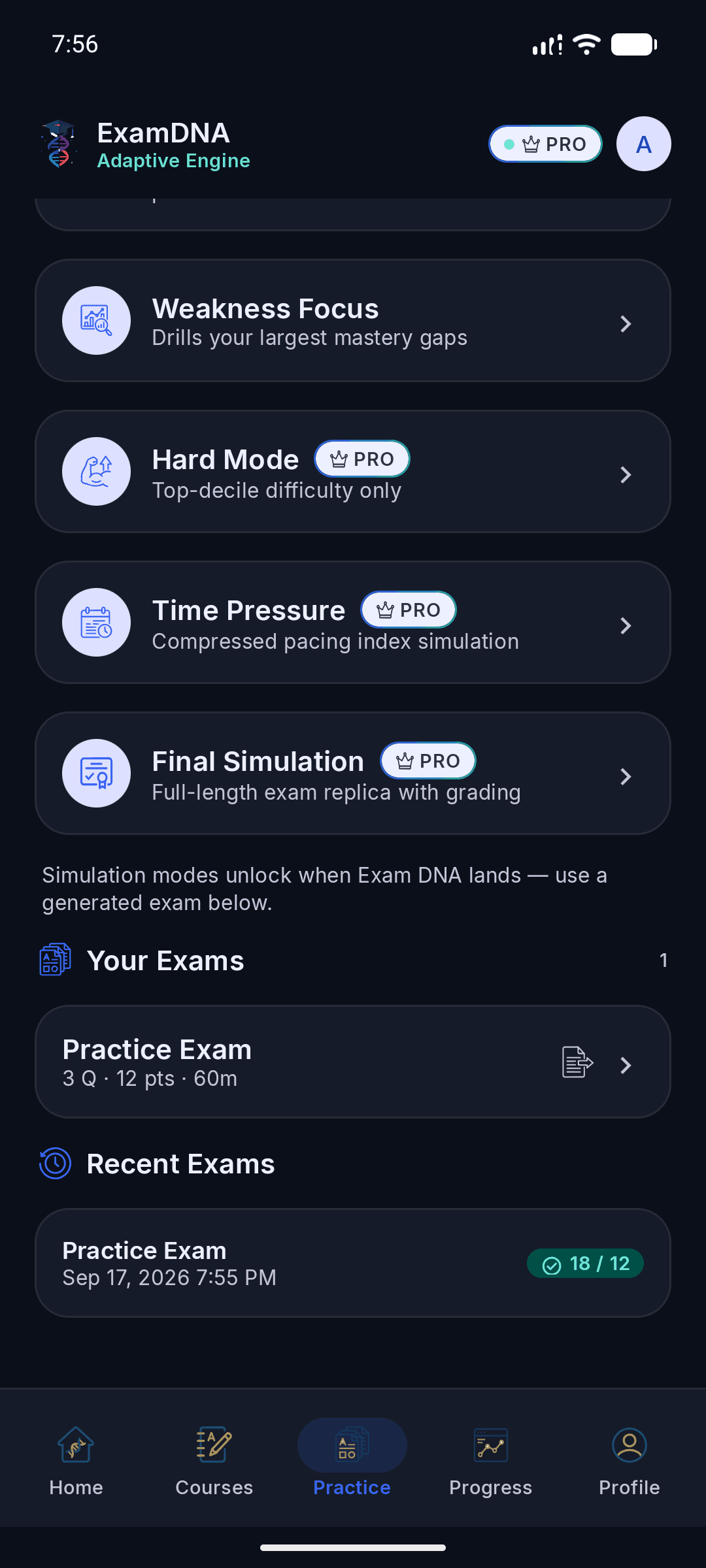 ExamDNA Practice list showing a demo Practice Exam and a recent sitting with example score 18 of 12 points