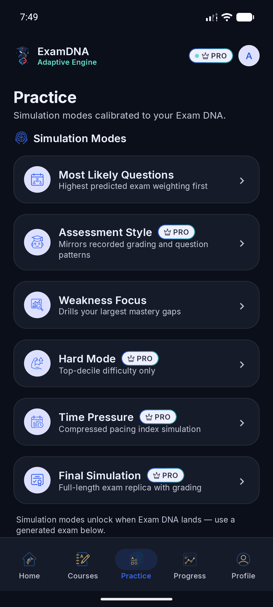 ExamDNA Practice screen listing simulation modes including Most Likely Questions and Pro-gated modes